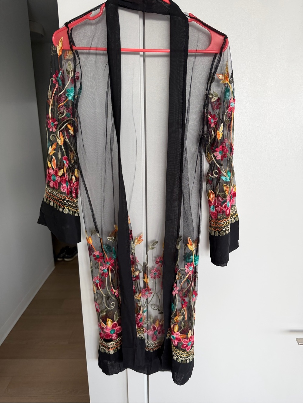 Sheer Black Embroidered Floral Robe - Black
